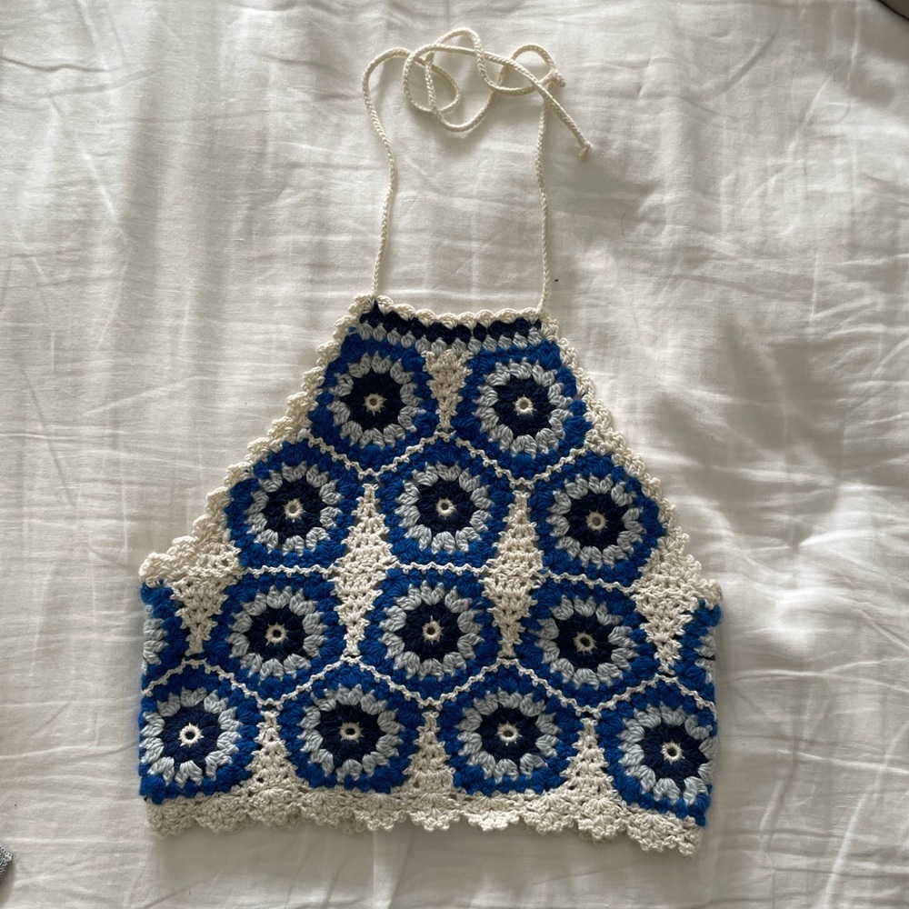 Sea New York Blue and Cream Crochet Crop Top